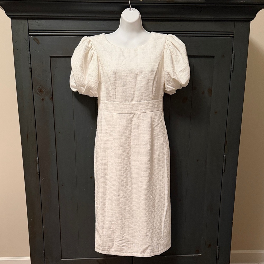 Ivy City Co Cream Textured Midi Dress with Puff Sleeves